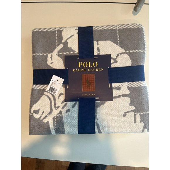New Polo Ralph Lauren Home Oakwood Throw Grey Ivory Plaid Pony Blanket 50 X 70 - Picture 2 of 8